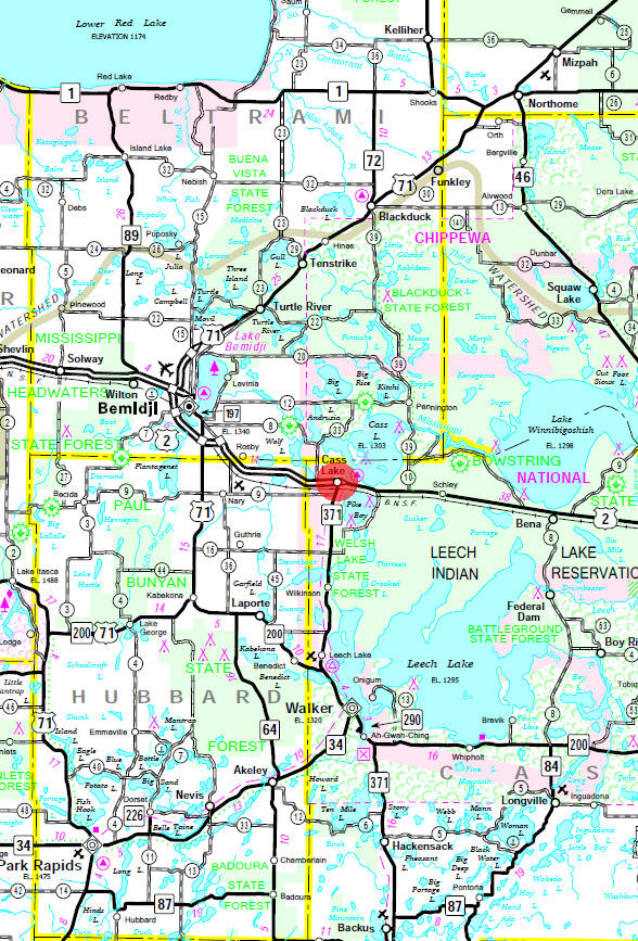 Minnesota State Highway Map of the Cass Lake Minnesota area