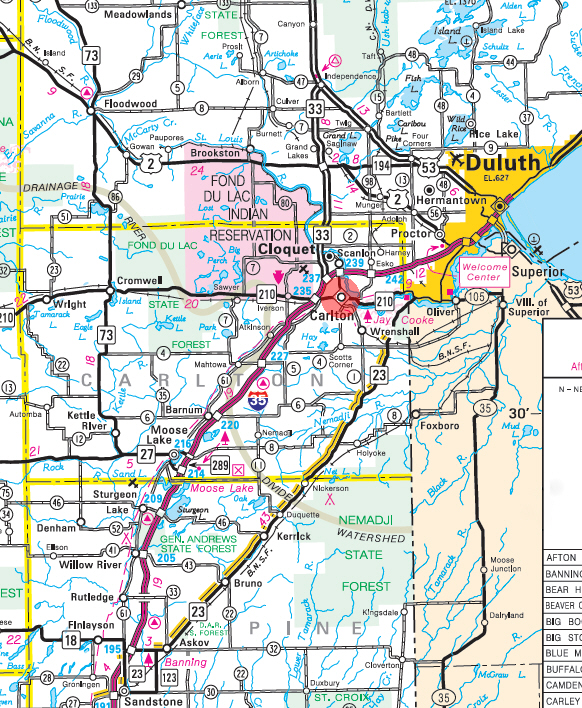 Minnesota State Highway Map of the Carlton Minnesota area 