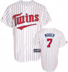 Joe Mauer Jersey: Adult 2009 Majestic Home Pinstripe Replica #7 Minnesota Twins Jersey