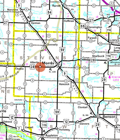 Minnesota State Highway Map of the Alberta Minnesota area