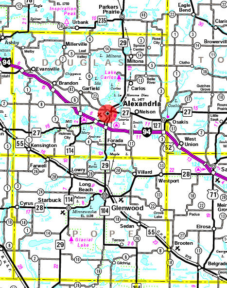 Minnesota State Highway Map of the Alexandria Minnesota area