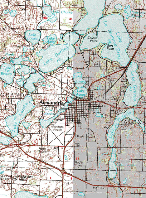 Topographic map of the Alexandria Minnesota area