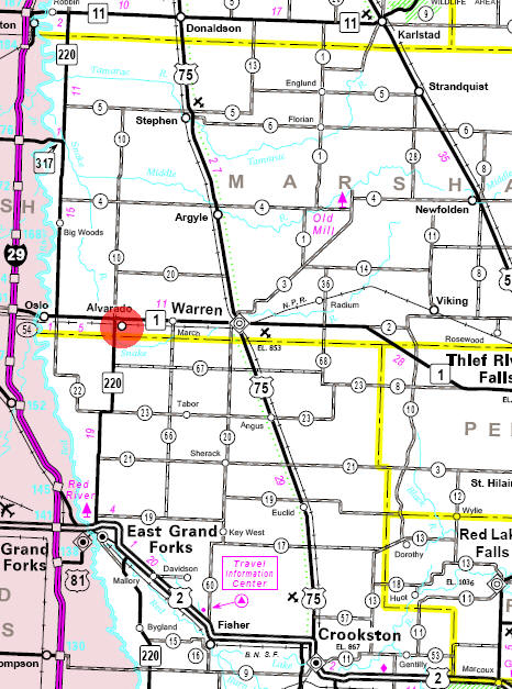 Minnesota State Highway Map of the Alvarado Minnesota area