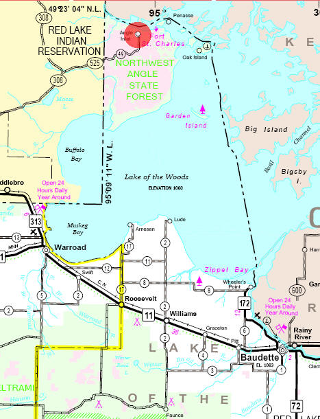 Minnesota State Highway Map of the Angle Inlet Minnesota area