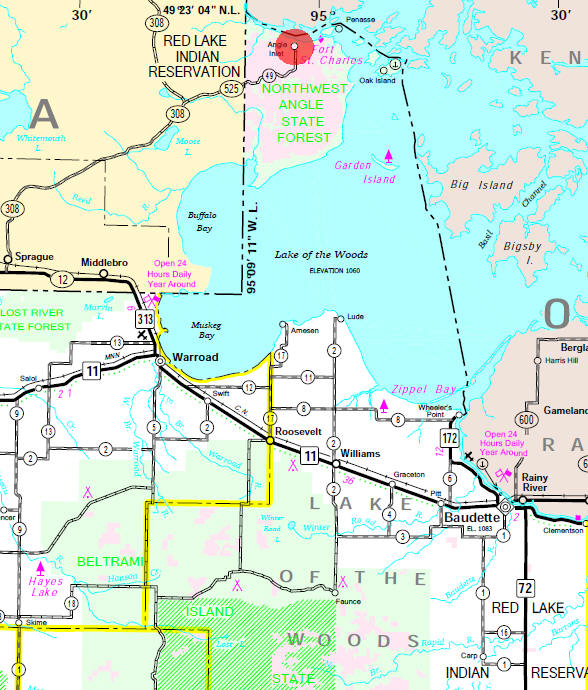 Minnesota State Highway Map of the Angle Inlet Minnesota area