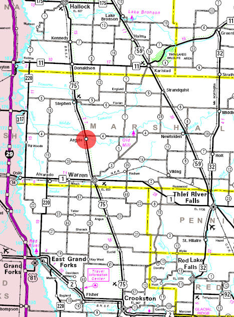Minnesota State Highway Map of the Argyle Minnesota area