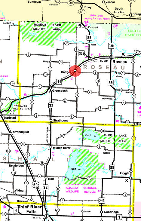 Minnesota State Highway Map of the Badger Minnesota area