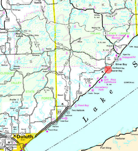 Highway Map of the Beaver Bay Minnesota area