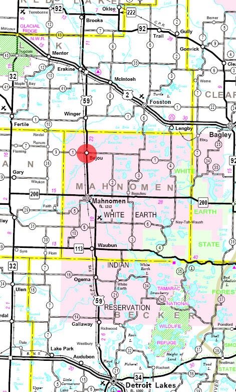Minnesota State Highway Map of the Bejou Minnesota area