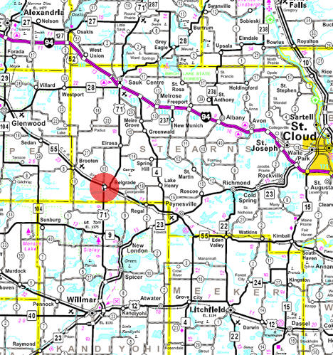 Minnesota State Highway Map of the Belgrade Minnesota area