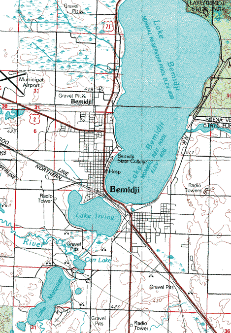 Topographic map of the Bemidji Minnesota area