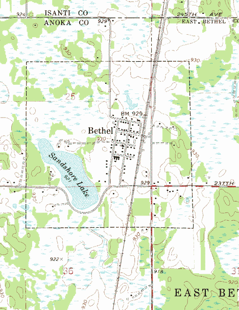 Topographic map of the Bethel Minnesota area