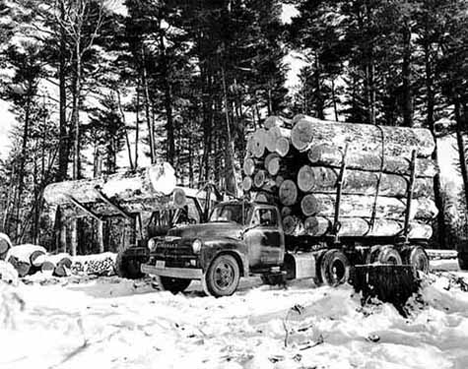 Loading logs with lift truck, Rajala Camp, Bigfork Minnesota, 1960