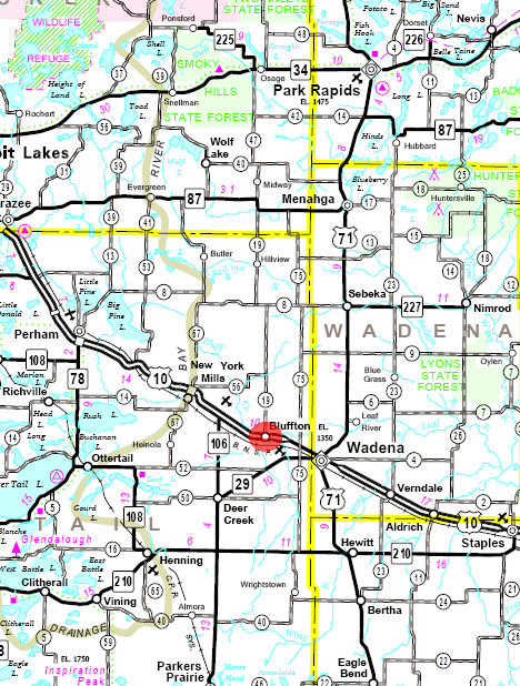 Minnesota State Highway Map of the Bluffton Minnesota area