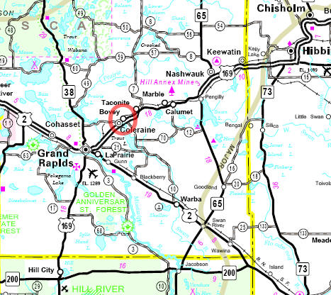 Highway Map showing the Bovey Minnesota area