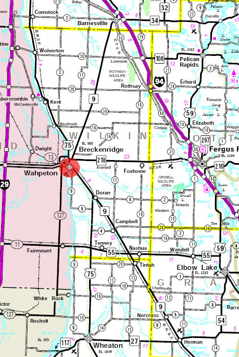 Minnesota State Highway Map of the Breckenridge Minnesota area