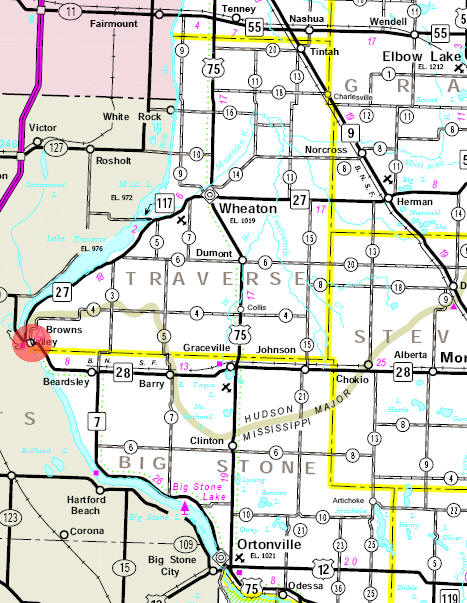 Minnesota State Highway Map of the Browns Valley Minnesota area