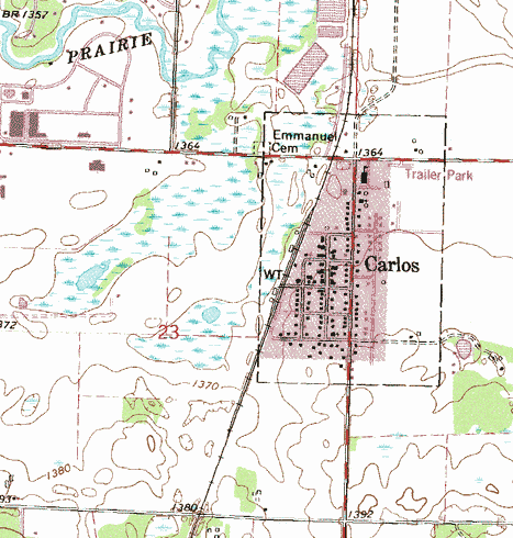 Topographic map of the Carlos Minnesota area