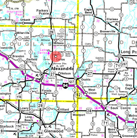 Minnesota State Highway Map of the Carlos Minnesota area