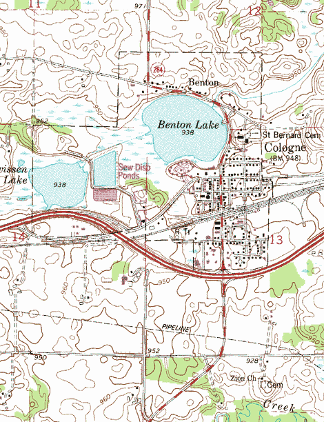 Topographic map of the Cologne Minnesota area