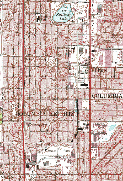 Topographic map of the Columbia Heights Minnesota area