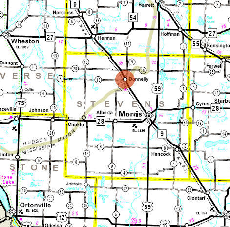 Minnesota State Highway Map of the Donnelly Minnesota area