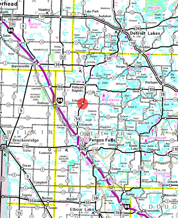 Minnesota State Highway Map of the Erhard Minnesota area