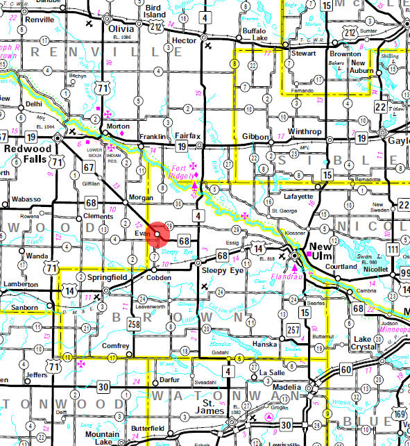 Minnesota State Highway Map of the Evan Minnesota area