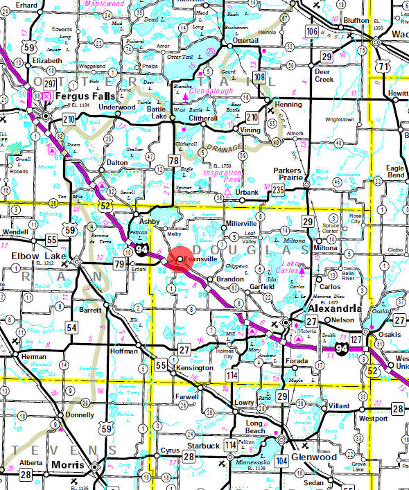 Minnesota State Highway Map of the Evansville Minnesota area