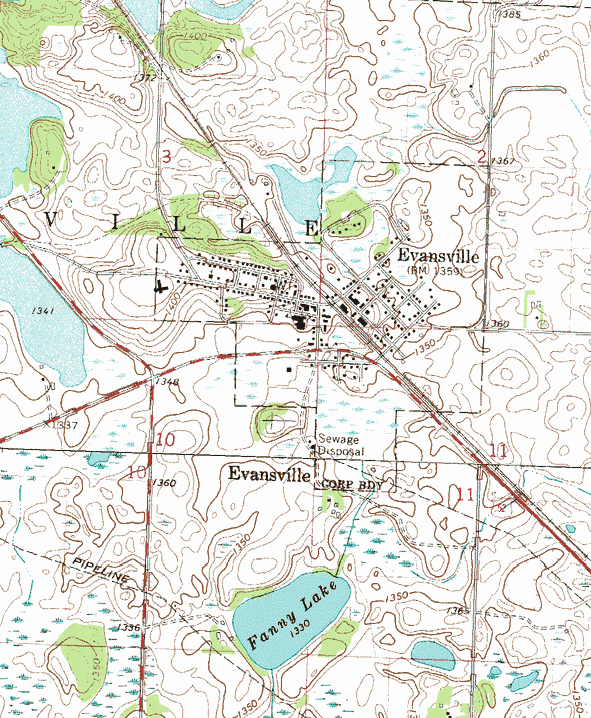 Topographic map of the Evansville Minnesota area