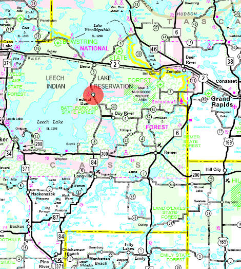 Minnesota State Highway Map of the Federal Dam Minnesota area