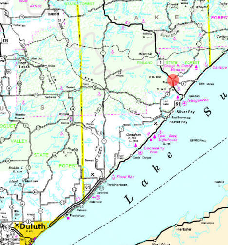 Minnesota State Highway Map of the Finland Minnesota area