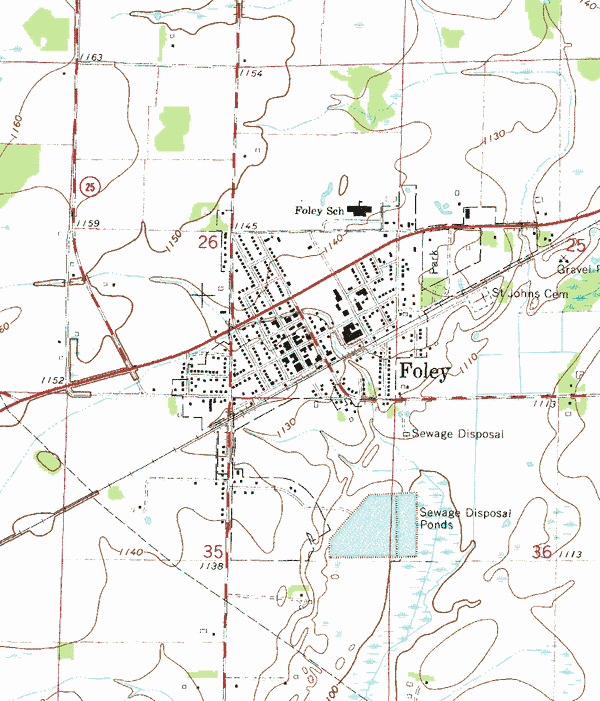 Topographic map of the Foley Minnesota area