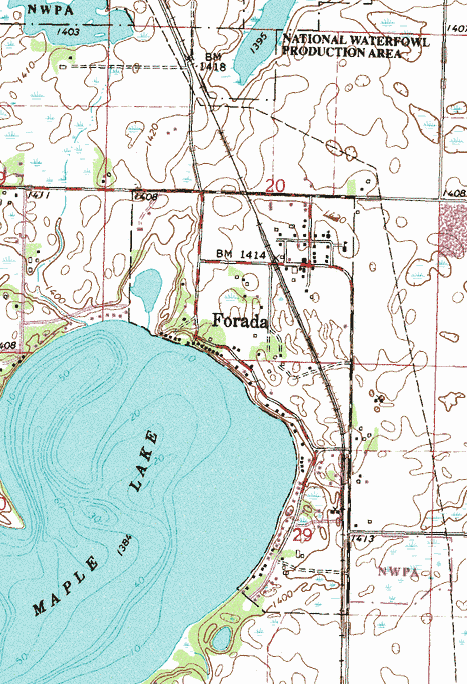 Topographic map of the Forada Minnesota area