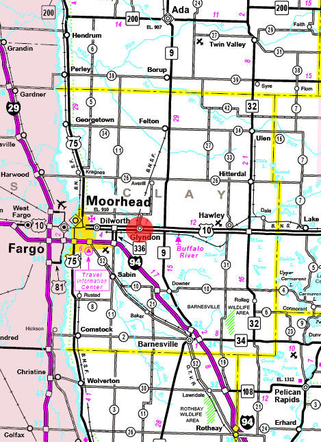 Minnesota State Highway Map of the Glyndon Minnesota area