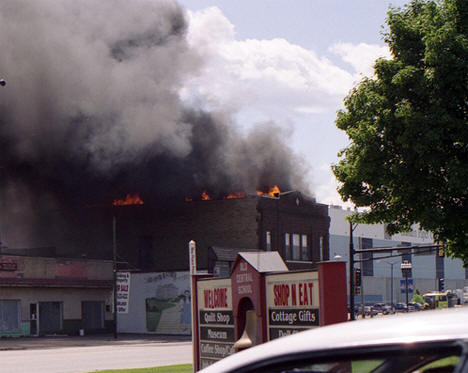 103-year-old building on the corner of First Avenue Northwest and Highway 2 in downtown Grand Rapids, Minnesota burns, July 2nd, 2006
