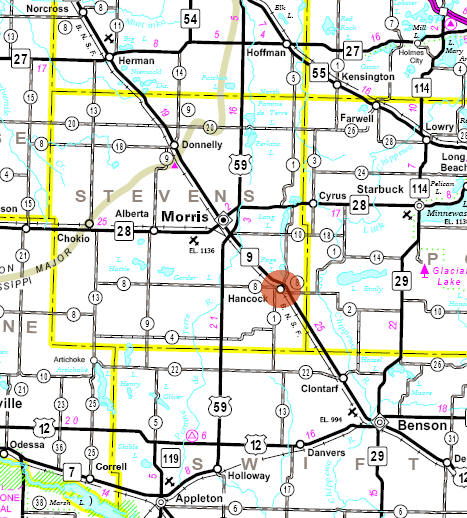 Minnesota State Highway Map of the Hancock Minnesota area