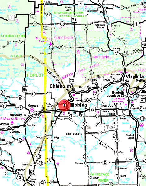 Minnesota State Highway Map of the Hibbing Minnesota area