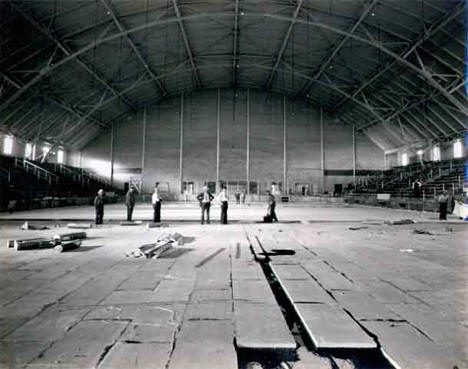Laying of floor materials during construction of Hibbing Memorial Building, 1935