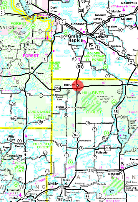 Minnesota State Highway Map of the Hill City Minnesota area