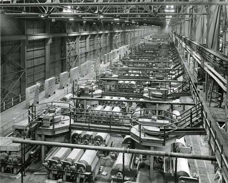 Interior of concentrator building with rod mills at Erie Mining Company, Hoyt Lakes Minnesota, 1950