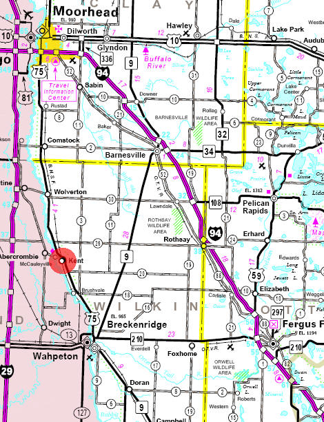 Minnesota State Highway Map of the Kent Minnesota area
