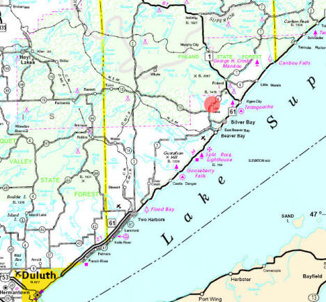 Highway Map of the area near Lax Lake Minnesota