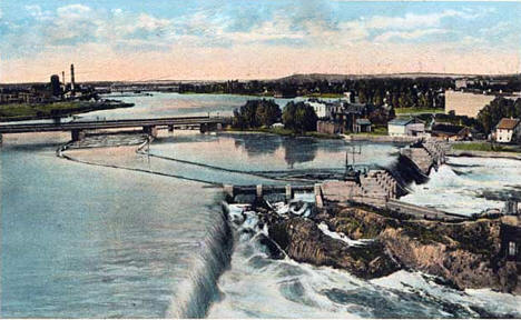 Bird's eye view of Little Falls, showing Mississippi River and dams, 1920