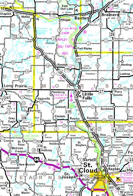 Highway Map of the Little Falls Minnesota area