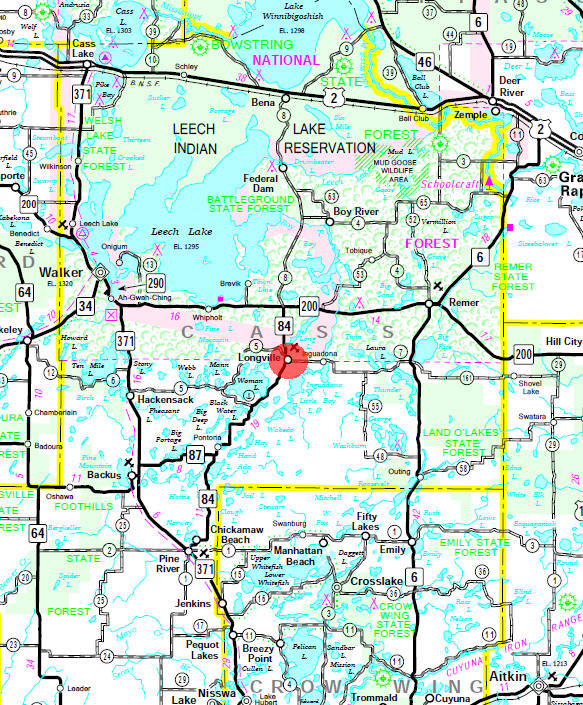 Minnesota State Highway Map of the Longville Minnesota area