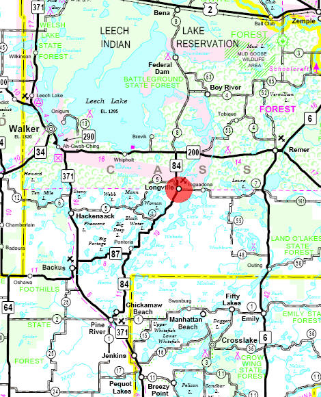 Minnesota State Highway Map of the Longville Minnesota area