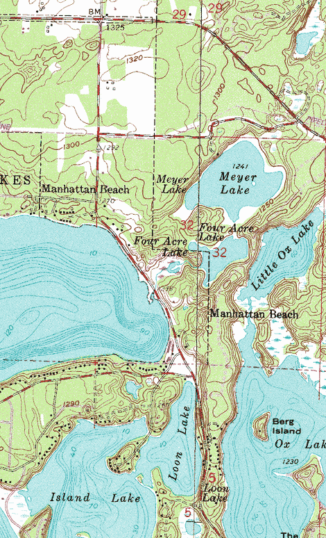 Topographic map of the Manhattan Beach Minnesota area
