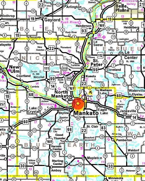 Minnesota State Highway Map of the Mankato Minnesota area