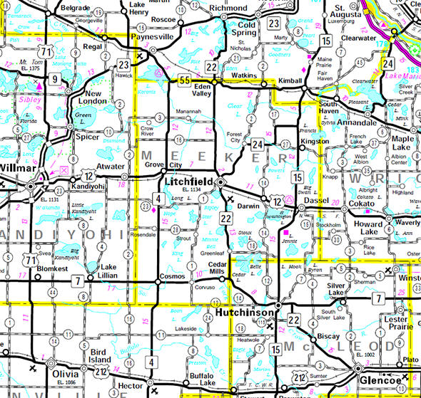 Meeker County Mn. Minnesota State Highway Map of the Meeker County Minnesota area